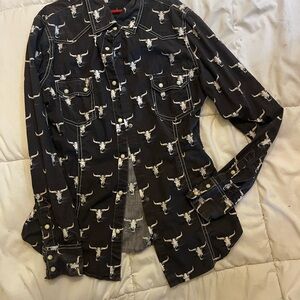 Black Western Shirt with White Bull Print